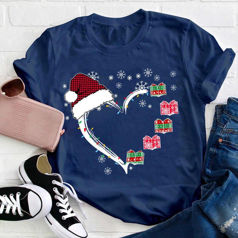 Christmas Books Heart Teacher T-Shirt