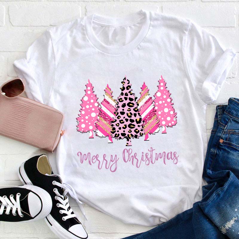 Merry Christmas Pink Christmas Trees Teacher T-Shirt