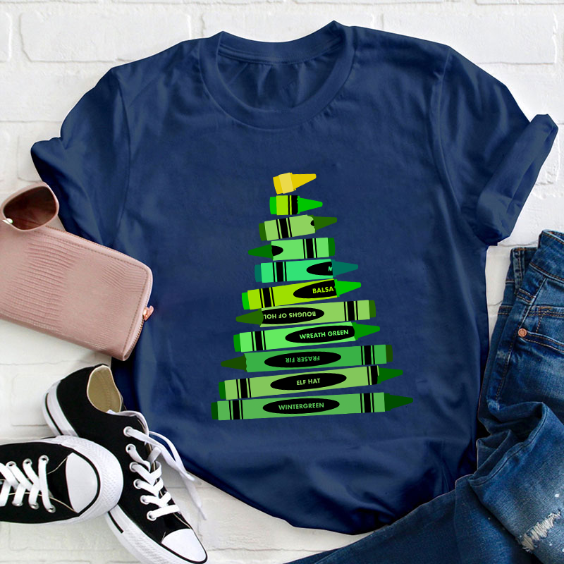 Green Crayon Christmas Tree Teacher T-Shirt