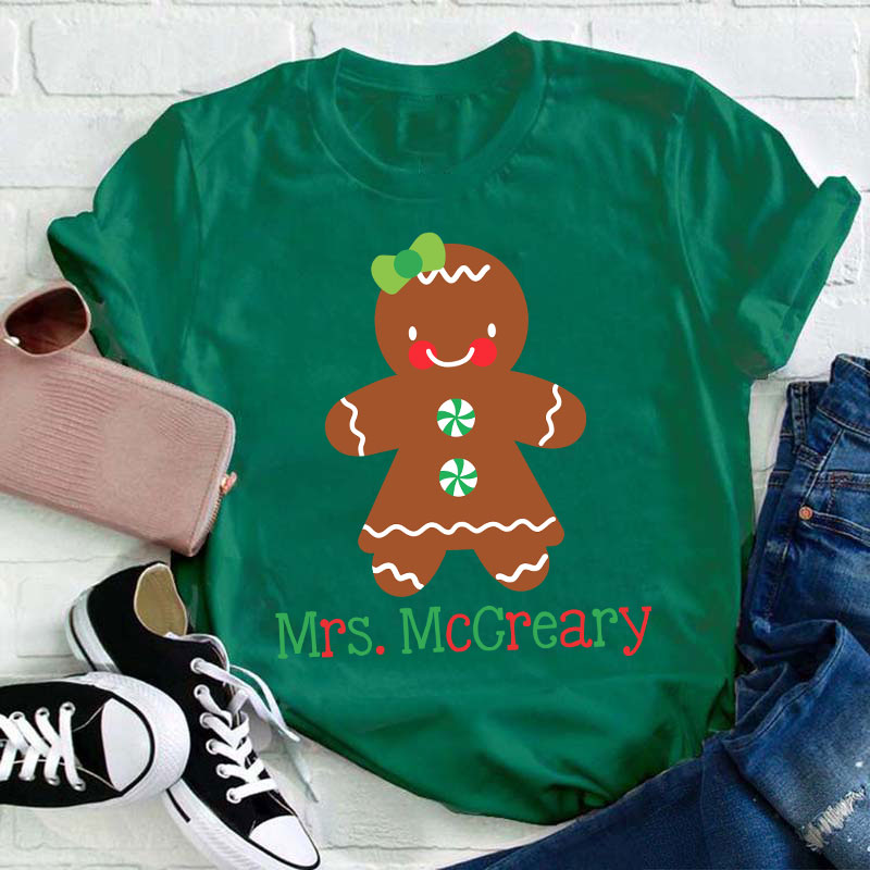 Personalized Name Cute Christmas Gingerbread Teacher T-Shirt