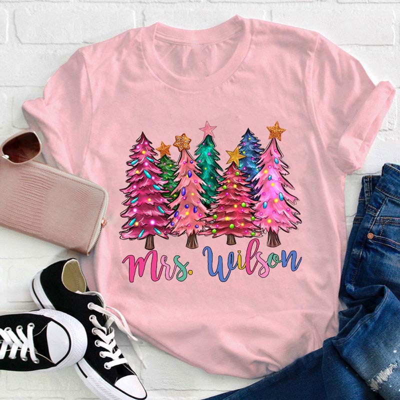 Personalized Name Colorful Christmas Trees Teacher T-Shirt