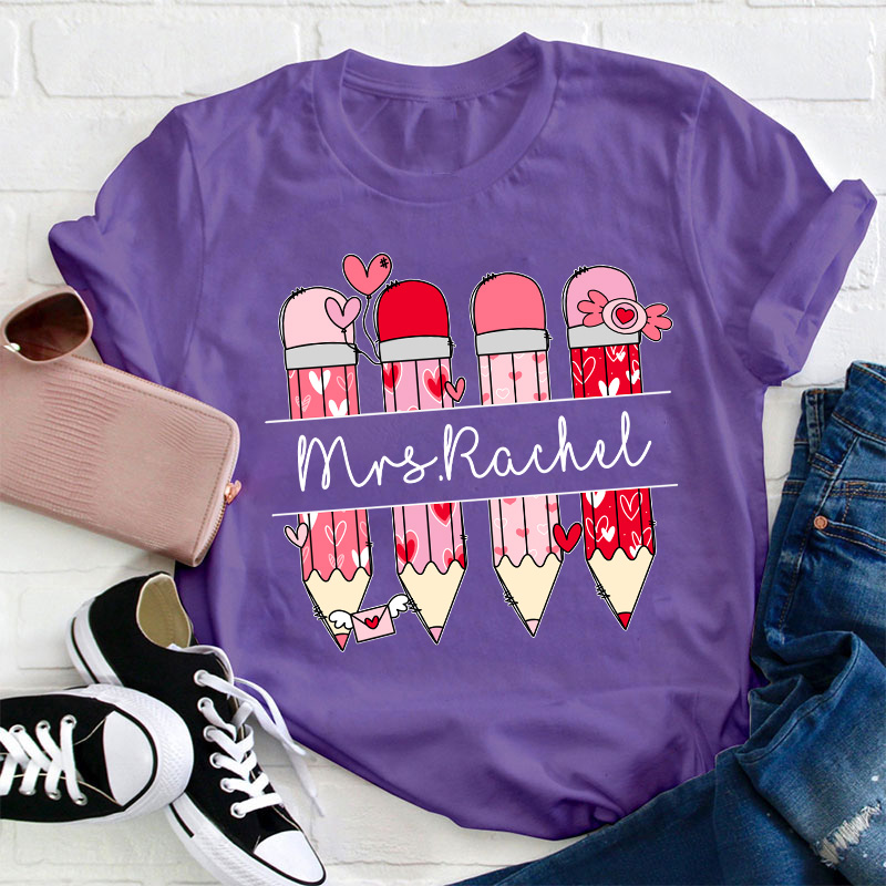 Personalized Pink Pencil Name Teacher T-Shirt