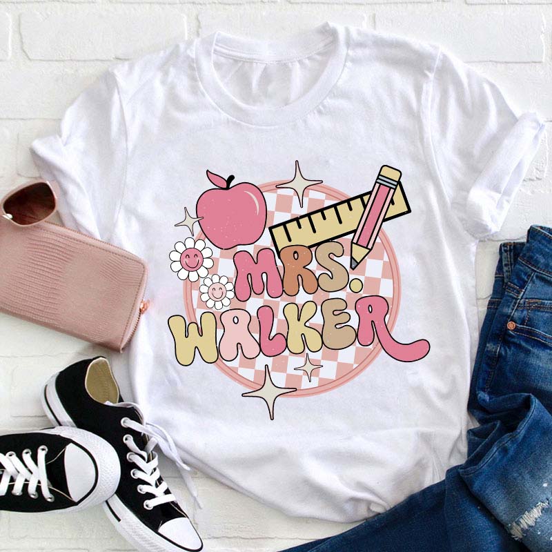 Personalized Pink Checkerboard Teacher T-Shirt Sale-Teachersgram