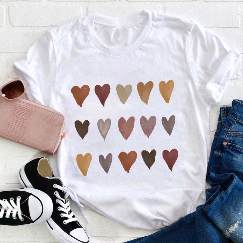 Skin Tone Kindness Watercolor Hearts Teacher T-Shirt