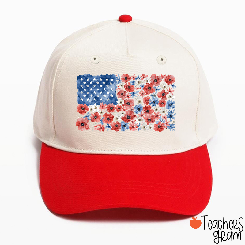 Vintage Floral USA Flag Teacher Baseball Cap