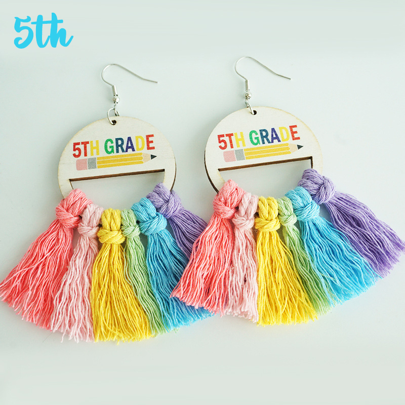 Grade Tassel Rainbow Teacher Wooden Earrings