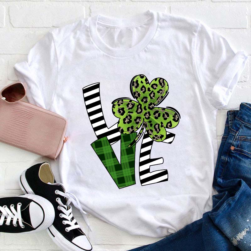 Love Patrick Day Leaf Clover Teacher T-Shirt Sale-Teachersgram