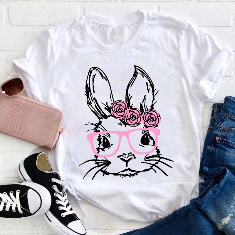 Bunny With Pink Glasses Teacher T-Shirt Sale-Teachersgram