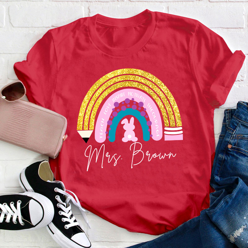 Personalized Name Easter Bunny Rainbow Teacher T-Shirt