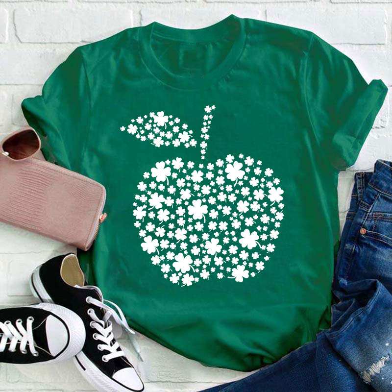 St Patrick Shamrock Apple Teacher T-Shirt Sale-Teachersgram