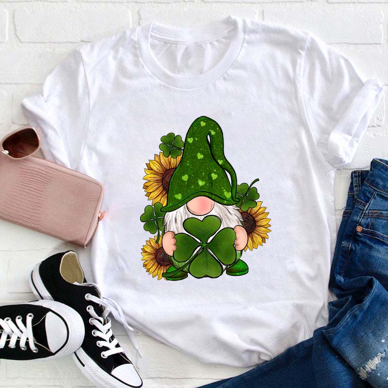 St. Patricks Day Gnome With Sunflowers Teacher T-Shirt