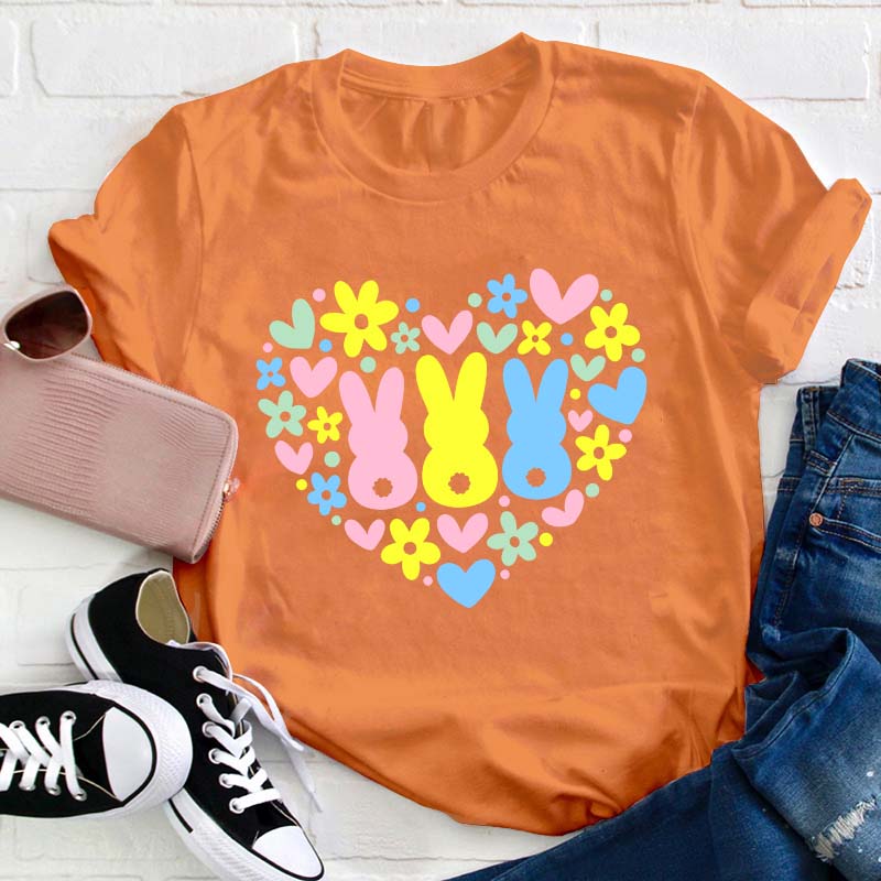 Floral Bunnies Heart Teacher T-Shirt