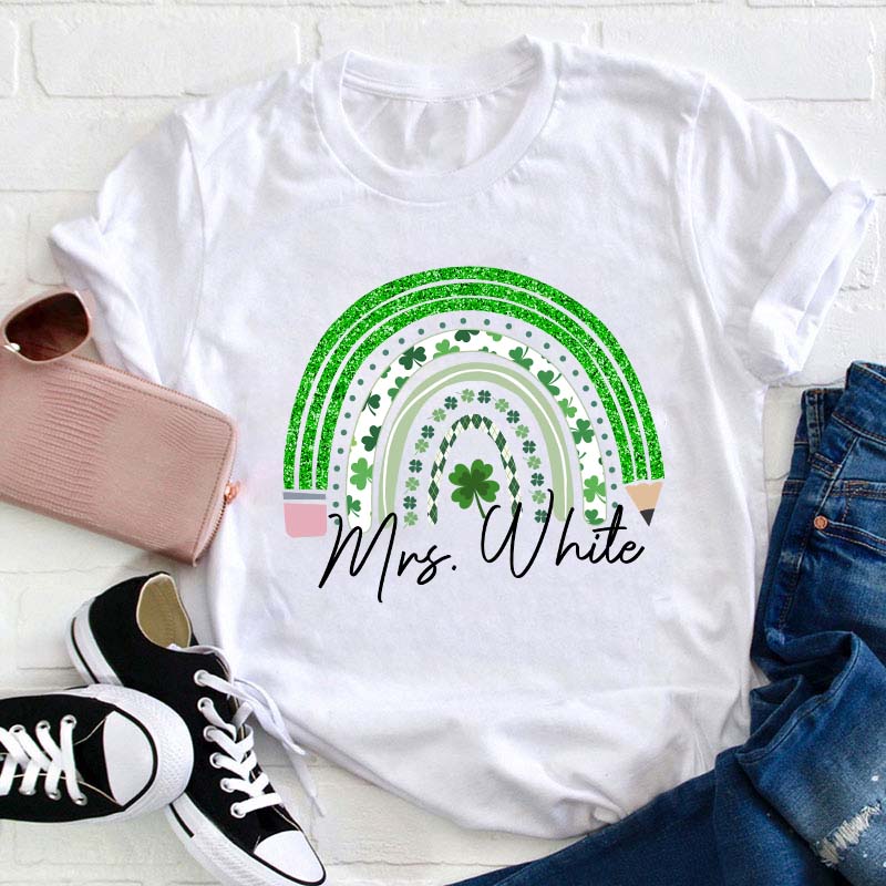 Personalized Green Rainbow Pencil Name Teacher T-Shirt Sale-Teachersgram