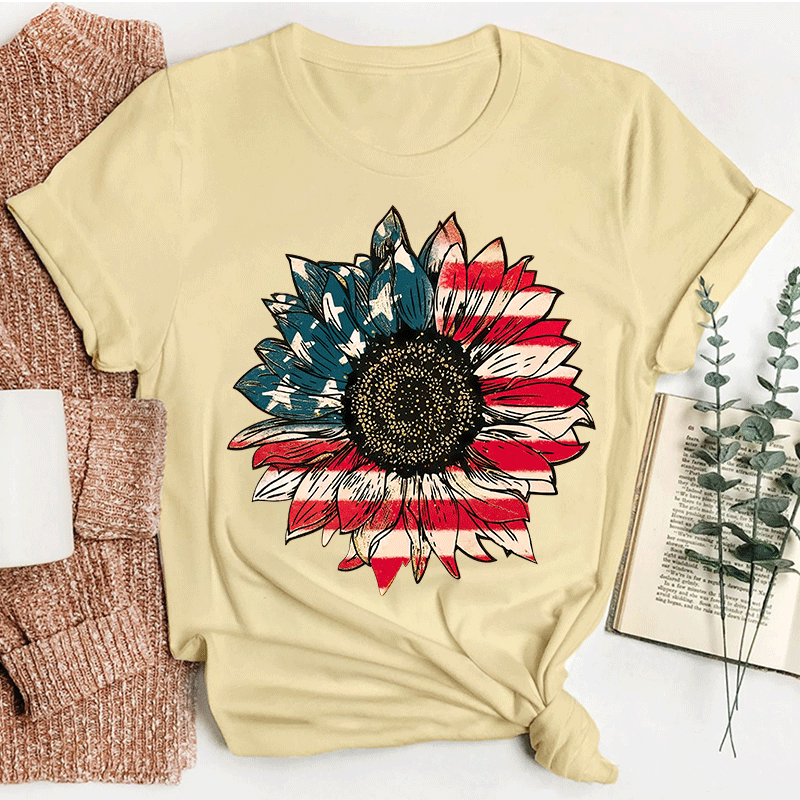 Vintage Flag Sunflower Teacher T-Shirt