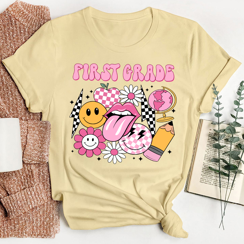 Personalized Pink Checkerboard And Smiley Face Grade Teacher T-Shirt