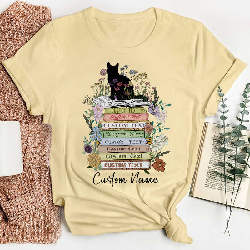 Personalized Vintage Floral Cat Books Teacher T-Shirt
