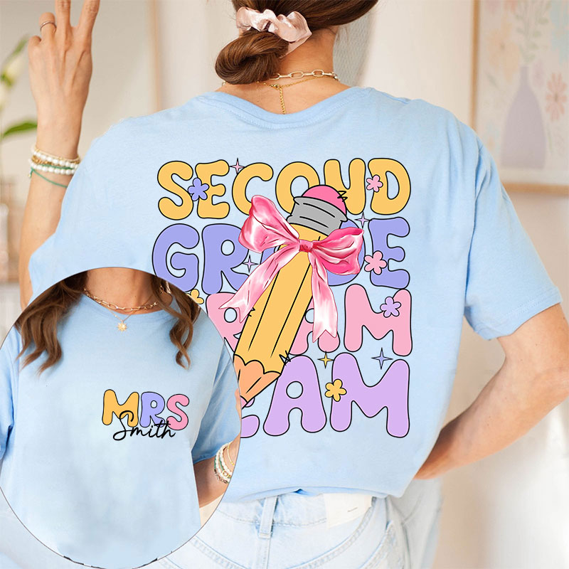 Personalized Teacher's Name And Grade Bow Pencil Print Teacher Two Sided T-Shirt