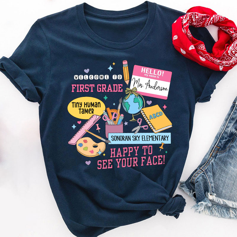 Personalized Teacher's Name School Name And Grade School Supplies Icon Teacher T-Shirt