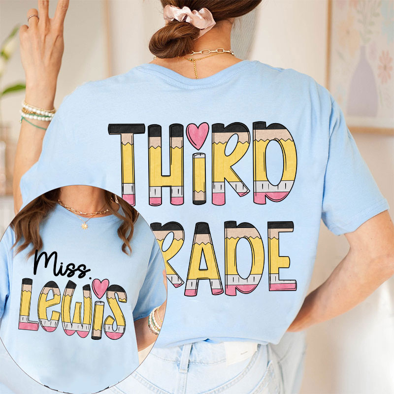 Personalized Teacher's Name And Grade Cartoon Pencil Font Design Teacher Two Sided T-Shirt