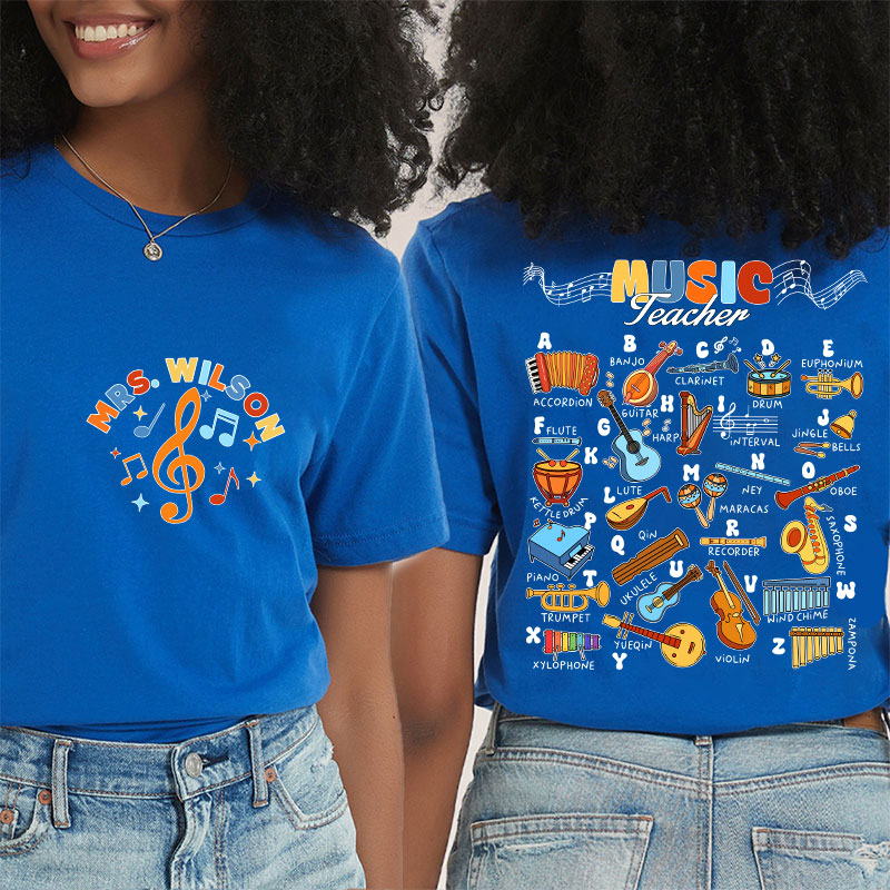 Personalized Music Teacher's Name Musical Instrument Icons Teacher Two Sided T-Shirt