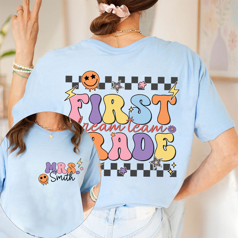 Personalized Teacher's Name And Grade Smiley Face Print Teacher Two Sided T-Shirt