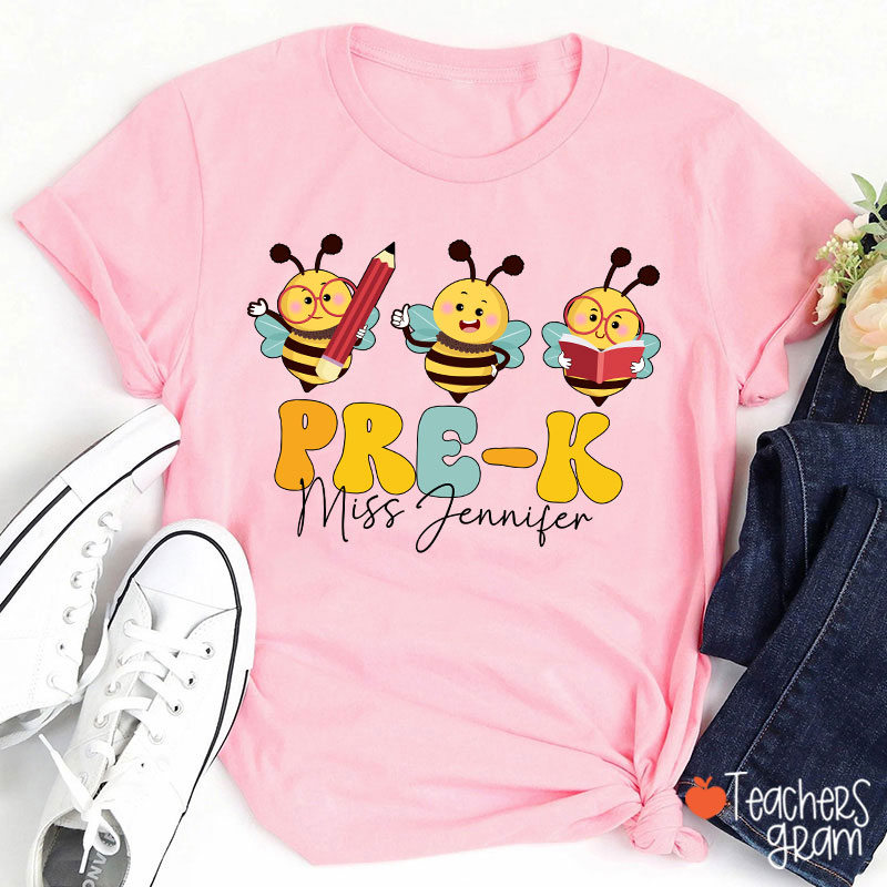 Personalized Cute Bee Name And Grade Teacher T-Shirt