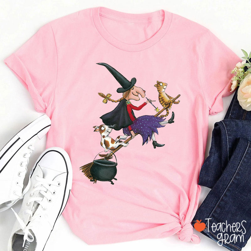 Witch Dog Cat Dark Gothic Halloween Teacher T-Shirt