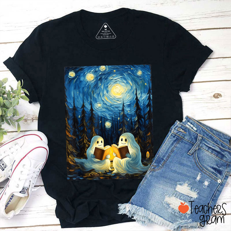 Starry Night Ghost Book Reading Van Gogh Art Teacher T-Shirt