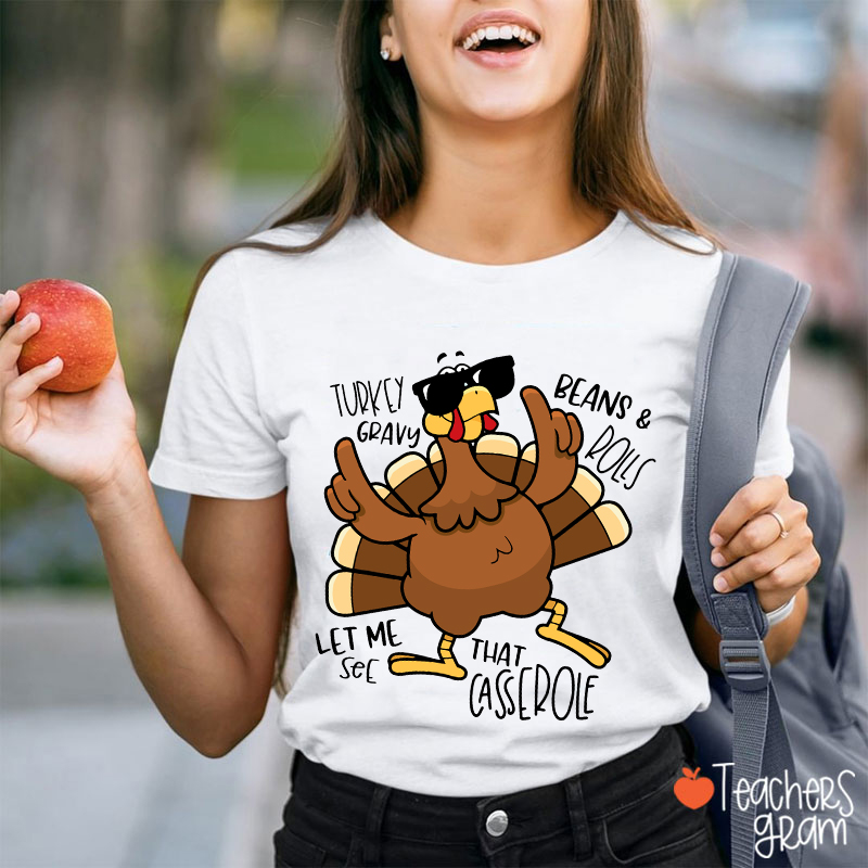 Turkey Gravy Beans Rolls Thanksgiving Teacher T-Shirt