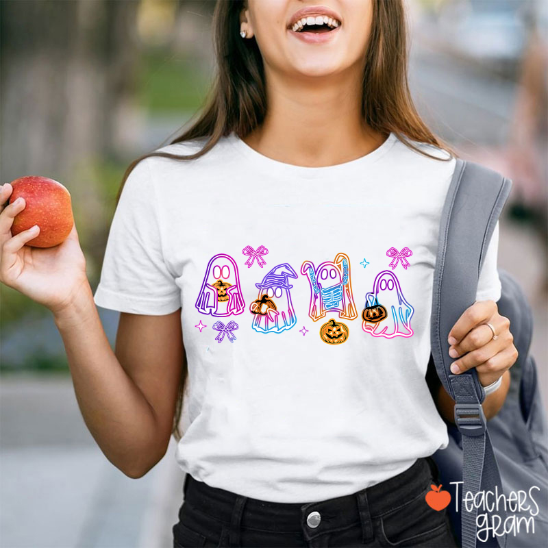 Colorful Neon Ghost Pumpkin Teacher T-Shirt