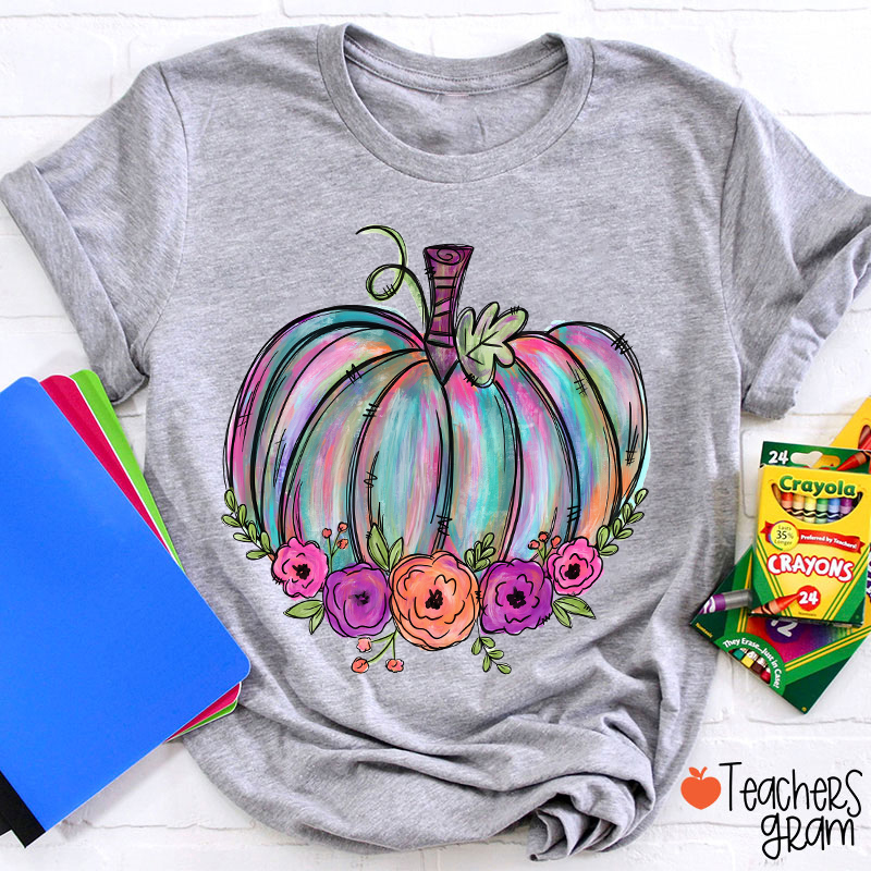 Colorful Pumpkin Watercolor Pumpkin Teacher T-Shirt