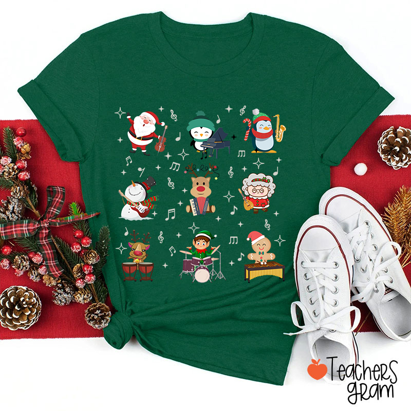 Cute Christmas Cartoons Playing Musical Instruments TeacherT-Shirt Sale-Teachersgram