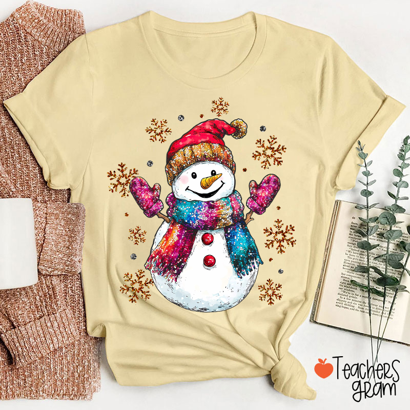 Colorful Scarves Snowman Teacher T-Shirt