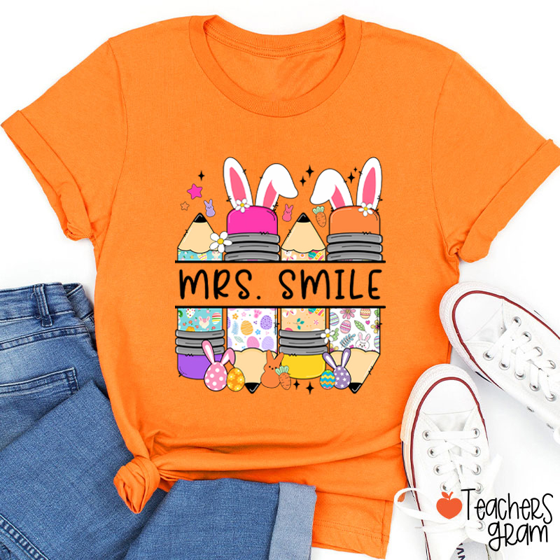 Personalized Name Bunny Pencil Teacher T-Shirt