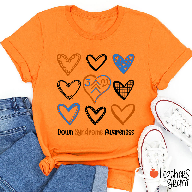 Down Syndrome Awareness Heart Teacher T-Shirt