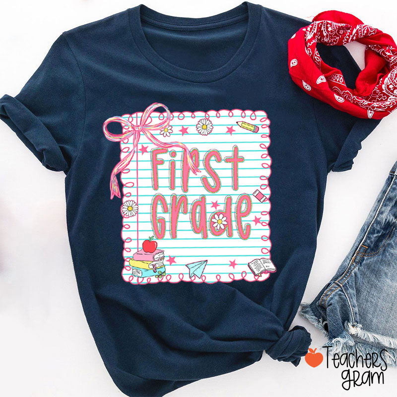Personalized Grade Pink Bow Notebook Teacher T-Shirt