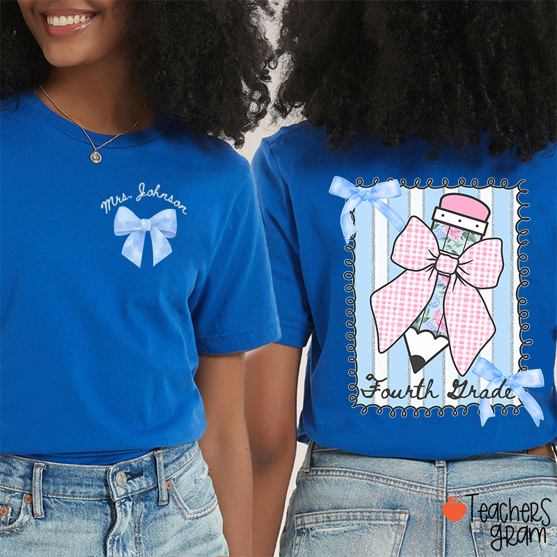 Personalized Grade And Name Flower Pencil Checkered Bow Teacher Two Sided T-Shirt