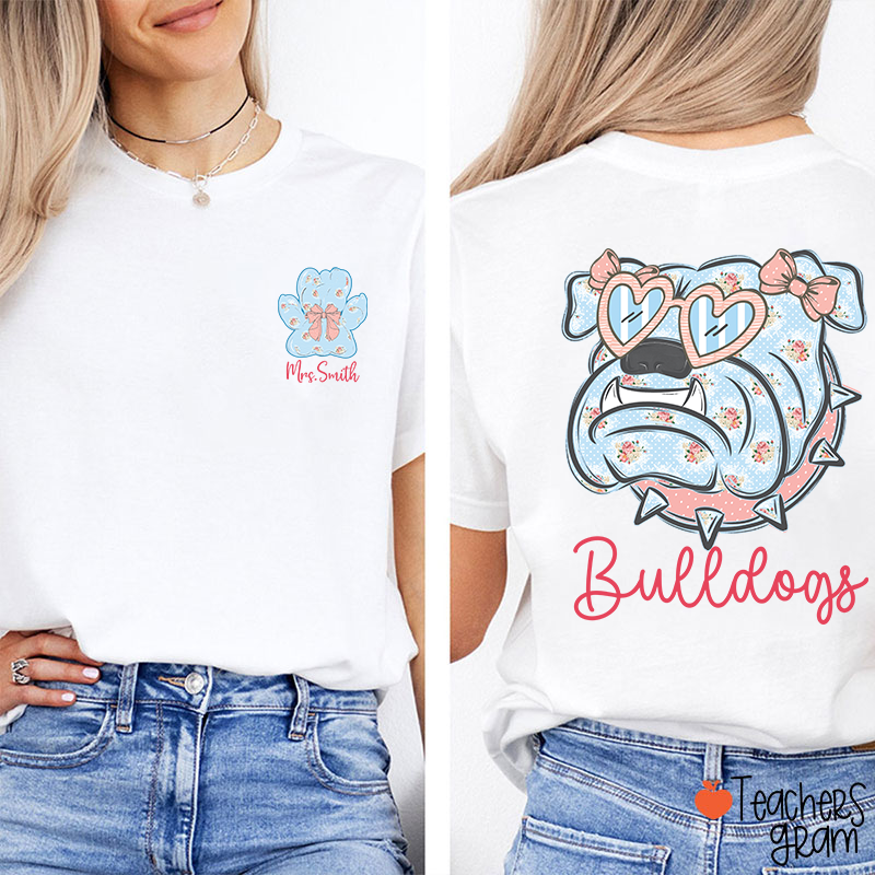 Personalized Mascot And Name Cute Coquette Bow Teacher Two Sided T-Shirt