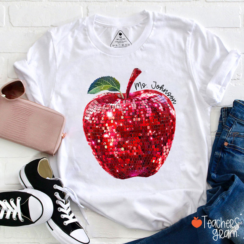 Personalized Red Glitter Apple And Name Teacher T-Shirt