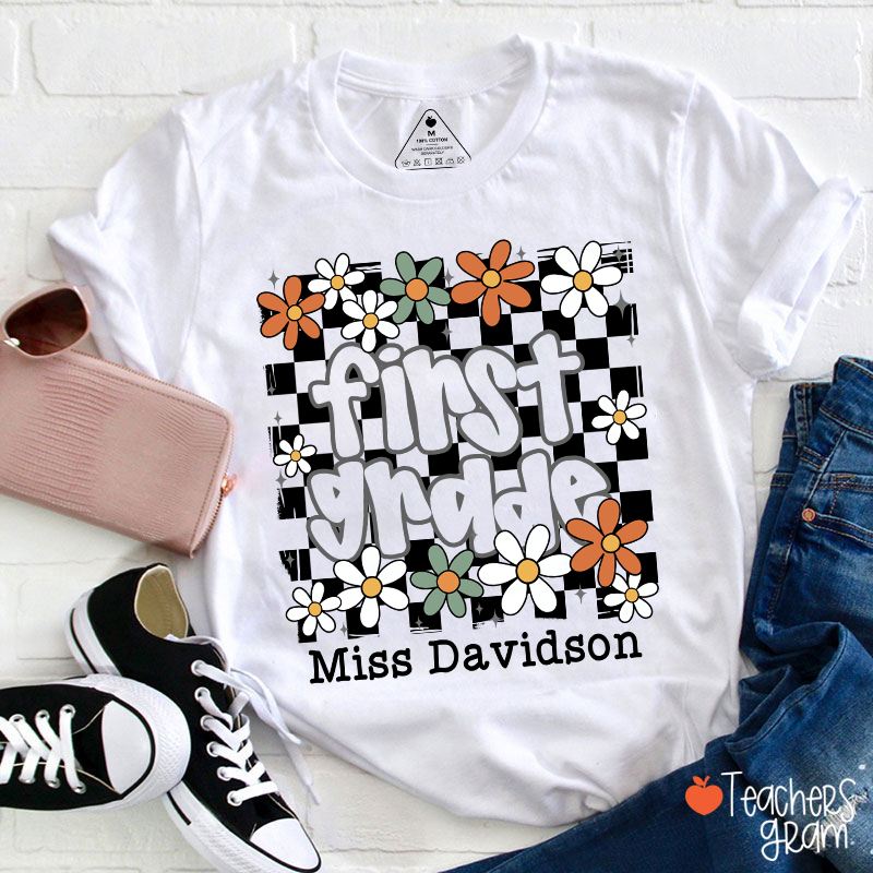 Personalized Text And Name Checkered Flowers Teacher T-Shirt