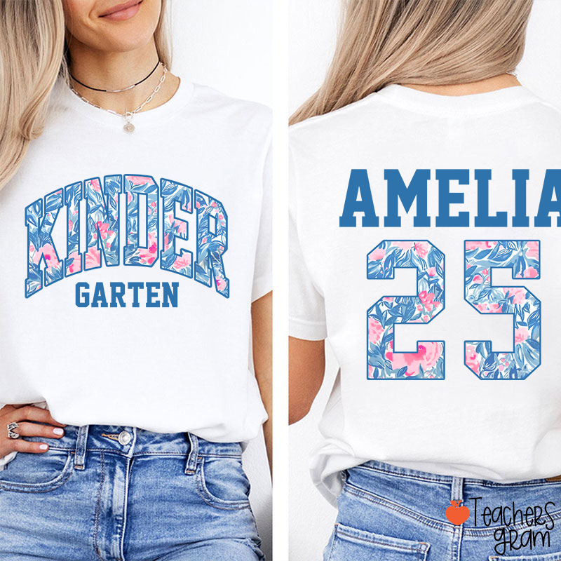 Personalized Flower And Leaf Pattern Text And Numbers Teacher Two Sided T-Shirt