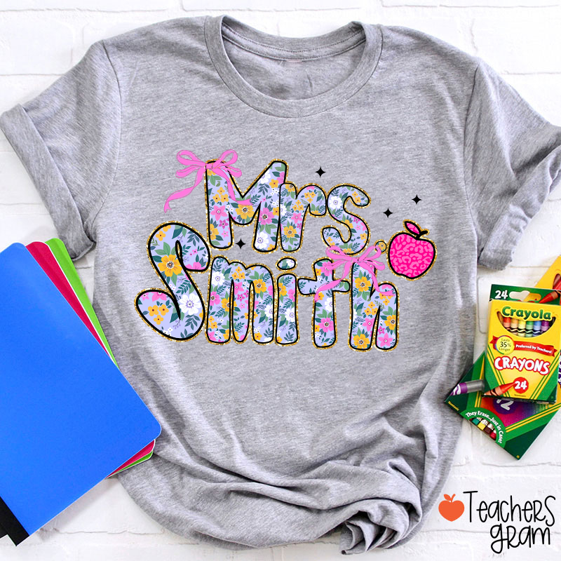 Personalized Name Apple Bow Floral Star Teacher T-Shirt