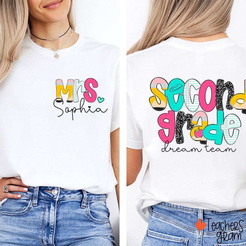 Personalized Grade And Name Pencil Notebook Teacher Two Sided T-Shirt