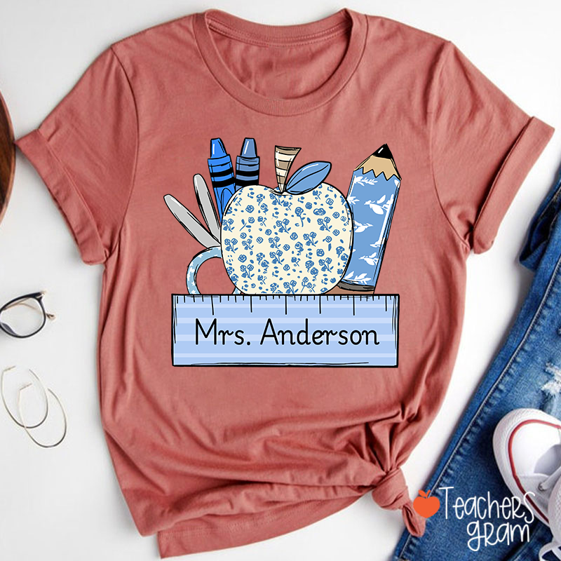 Personalized Name Blue Apple Pencil Crayon Scissors Ruler Teacher T-Shirt