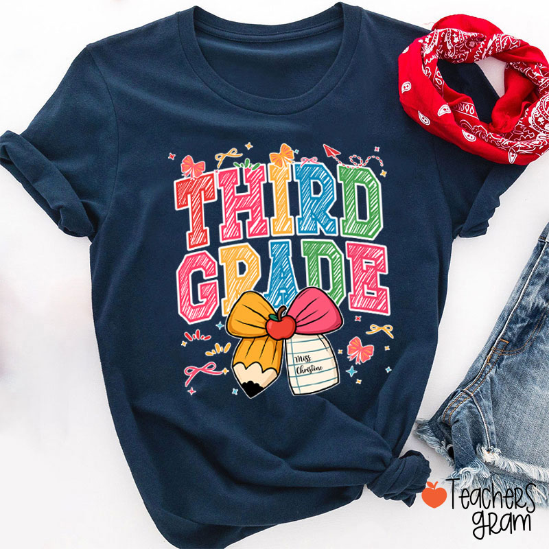 Personalized Grade Name Bow Hand-Drawn Pencil Apple Teacher T-Shirt
