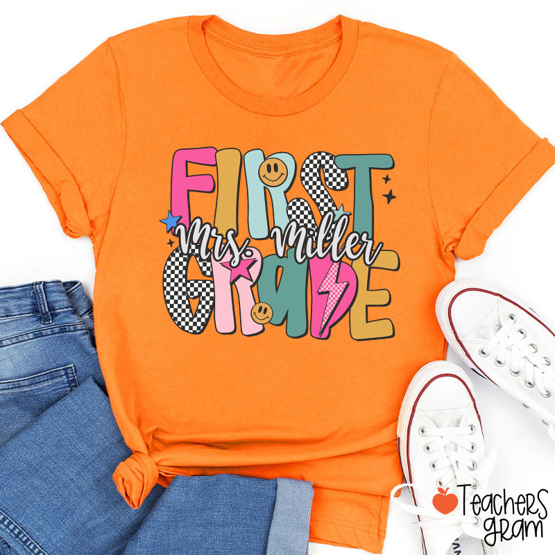 Personalized Grade Checkered Smiley Lightning Teacher T-Shirt