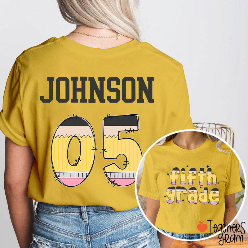 Personalized Pencil Pattern Letters And Numbers Teacher Two Sided T-Shirt