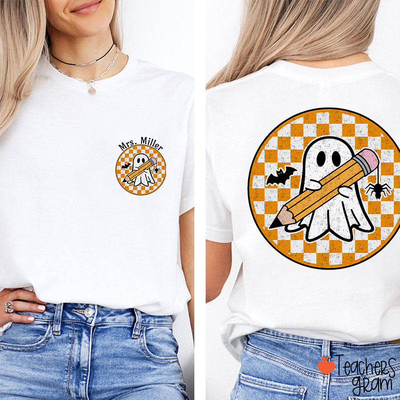 Personalized Name Circle Checkered Ghost Teacher Two Sided T-Shirt