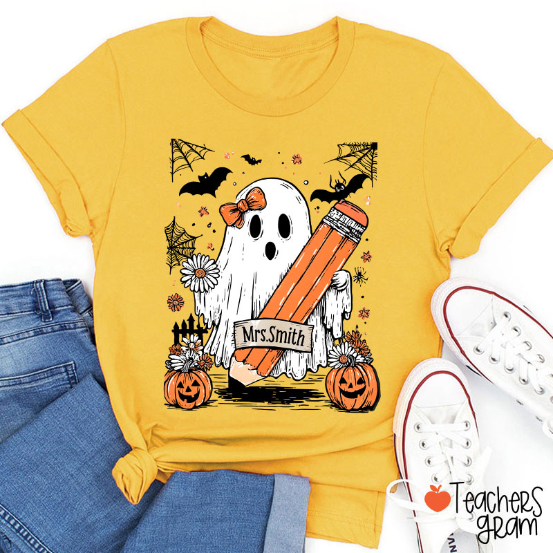 Personalized Name Cute Ghost Floral Halloween Teacher T-Shirt