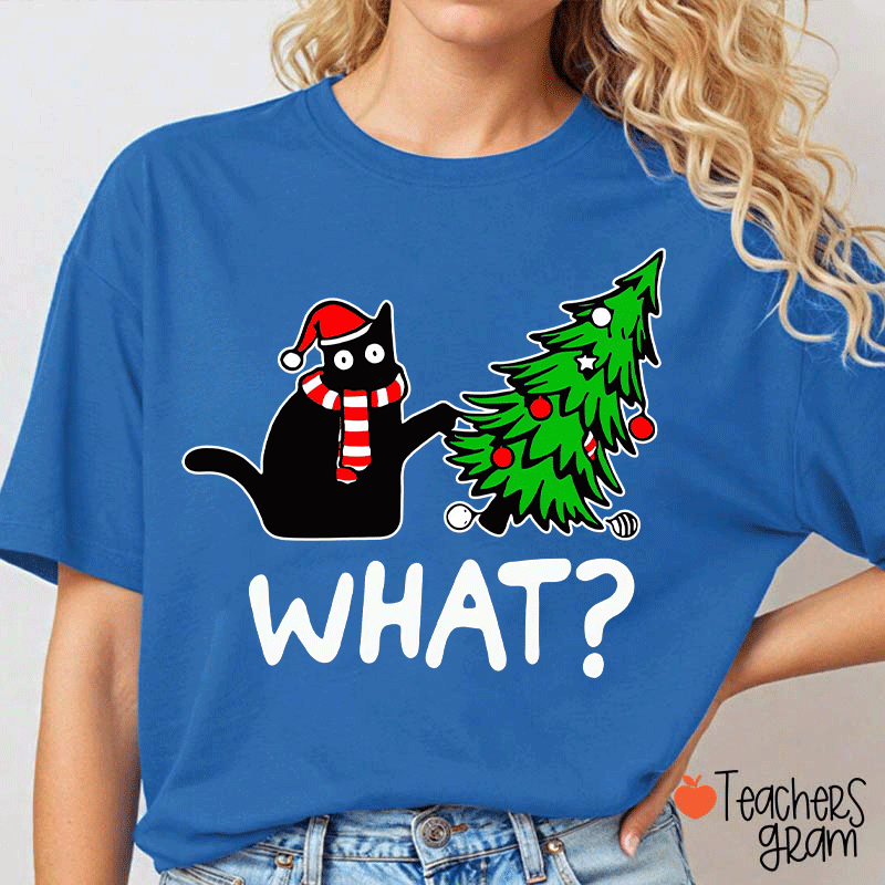 Cat Pushes Christmas Tree Teacher T-Shirt